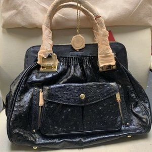 Charles Jourdan Tabatha Black Ostrich Leather Satchel Purse Bag - NEW